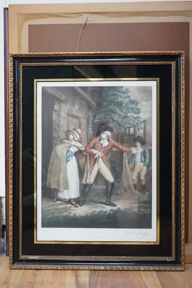 A set of six colour engravings after George Morland (1783-1804), to include the ‘Virtuous parent’ and ‘The Elopement’, together with a pair of colour prints depicting the Battle of Waterloo. Condition - varies